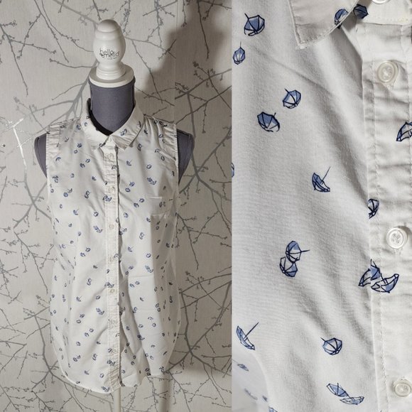 Reitmans White Umbrellas Printed Button Front Sleeveless Blouse - Picture 1 of 4